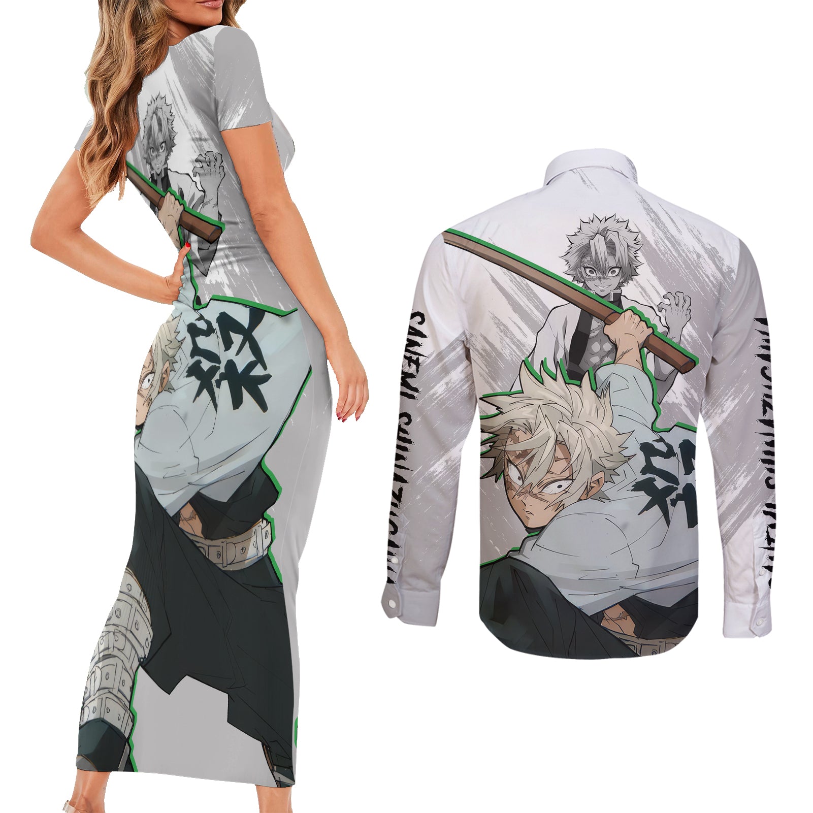 Sanemi Shinazugawa Couples Matching Short Sleeve Bodycon Dress and Long Sleeve Button Shirt Demon Slayer
