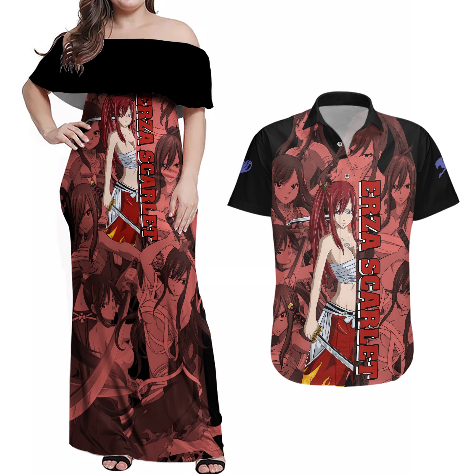 Erza Scarlet Fairy Tail Couples Matching Off Shoulder Maxi Dress and Hawaiian Shirt Anime Mix Manga Style