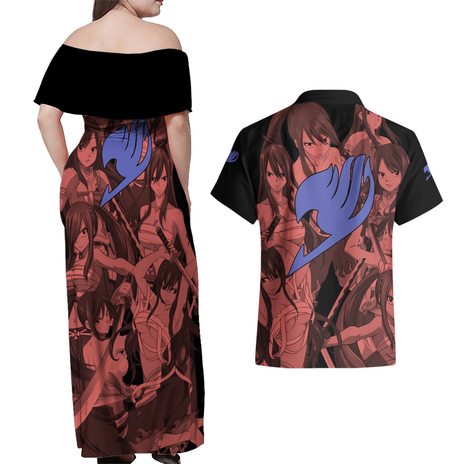 Erza Scarlet Fairy Tail Couples Matching Off Shoulder Maxi Dress and Hawaiian Shirt Anime Mix Manga Style