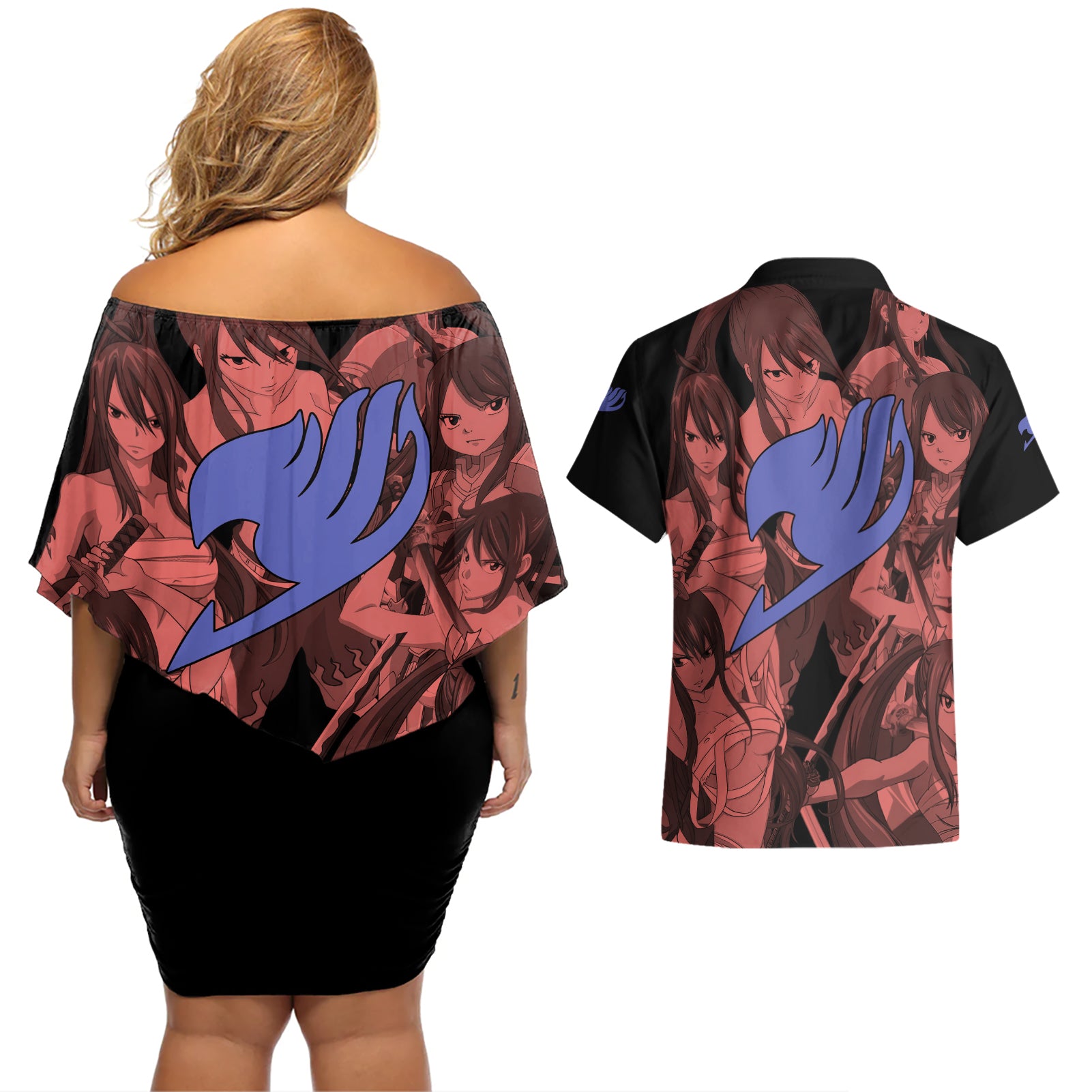 Erza Scarlet Fairy Tail Couples Matching Off Shoulder Short Dress and Hawaiian Shirt Anime Mix Manga Style