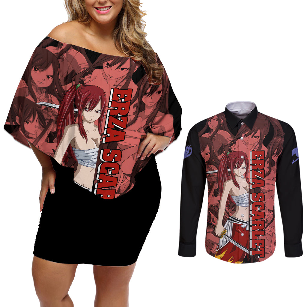 Erza Scarlet Fairy Tail Couples Matching Off Shoulder Short Dress and Long Sleeve Button Shirt Anime Mix Manga Style