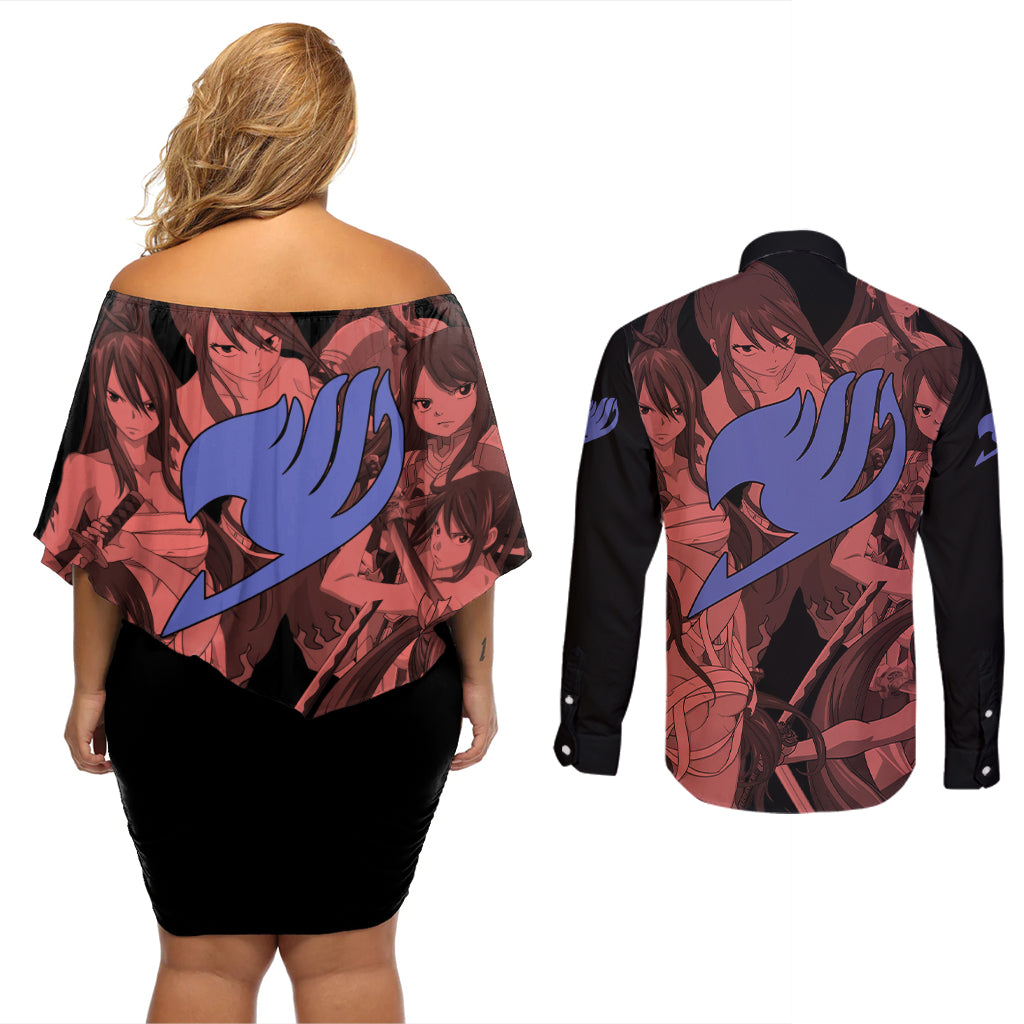 Erza Scarlet Fairy Tail Couples Matching Off Shoulder Short Dress and Long Sleeve Button Shirt Anime Mix Manga Style