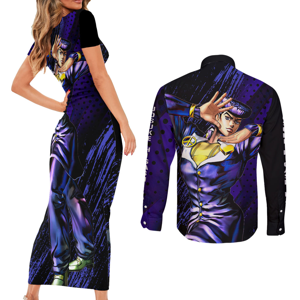 Josuke Higashikata Couples Matching Short Sleeve Bodycon Dress and Long Sleeve Button Shirt JJBAs