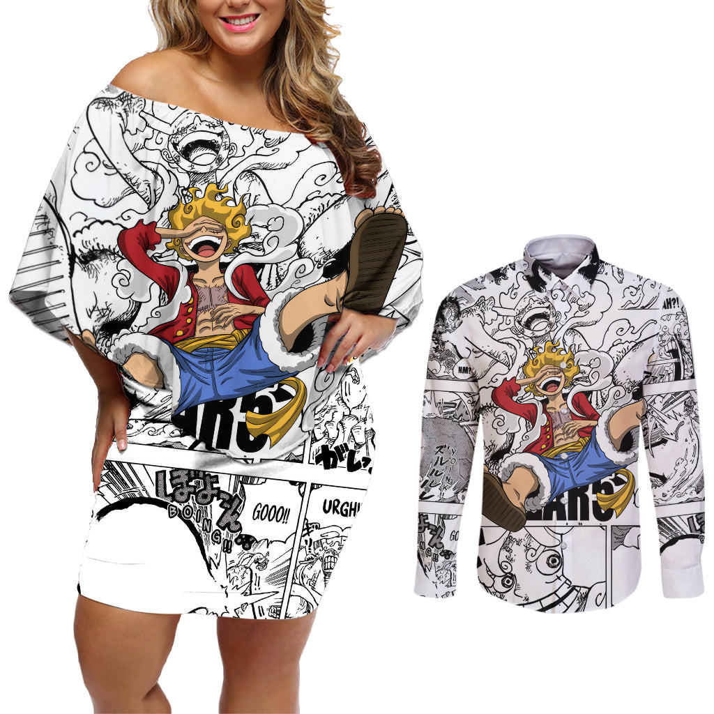 Luffy Gear 5 Awakening - One Piece Couples Matching Off Shoulder Short Dress and Long Sleeve Button Shirt Anime Mix Manga Style