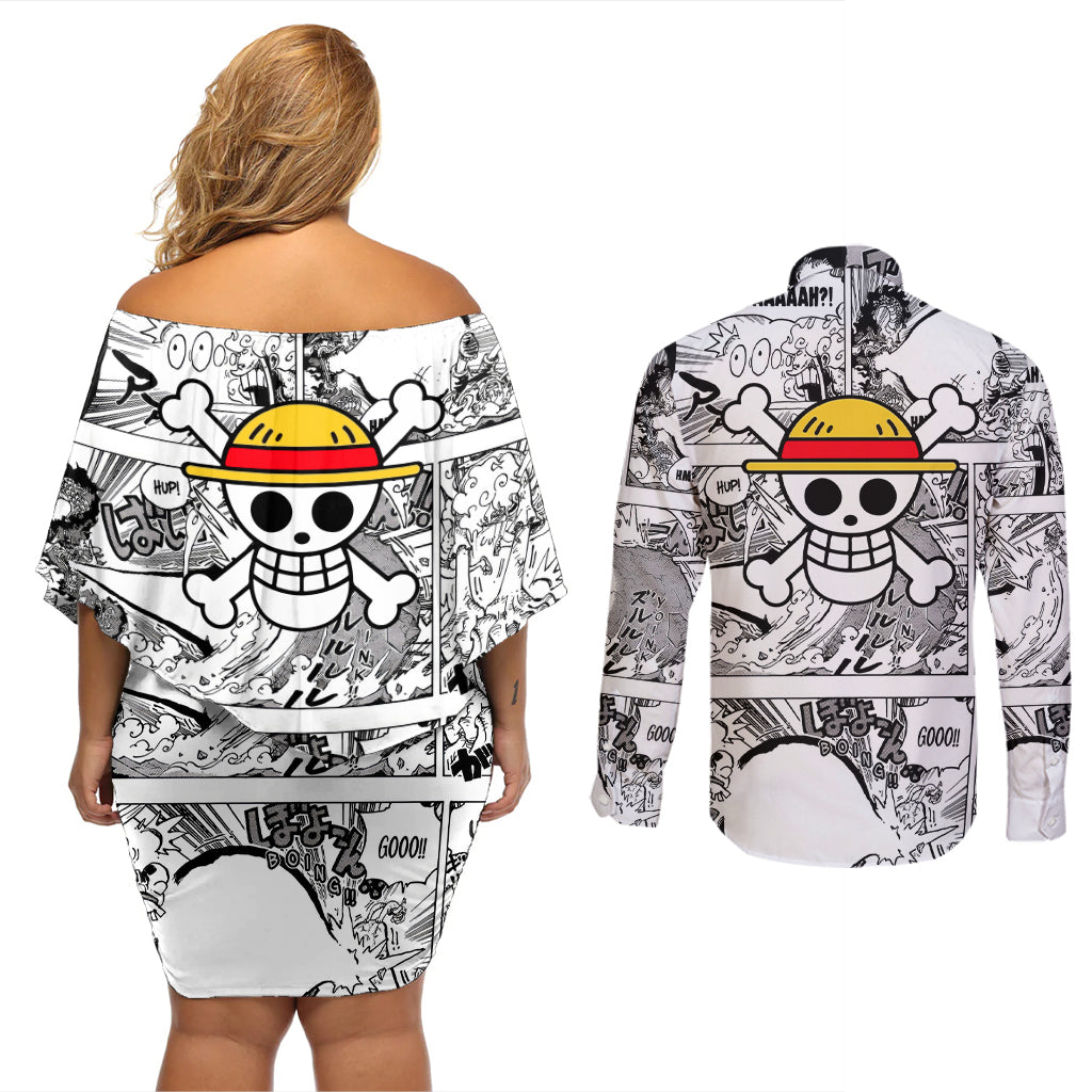 Luffy Gear 5 Awakening - One Piece Couples Matching Off Shoulder Short Dress and Long Sleeve Button Shirt Anime Mix Manga Style