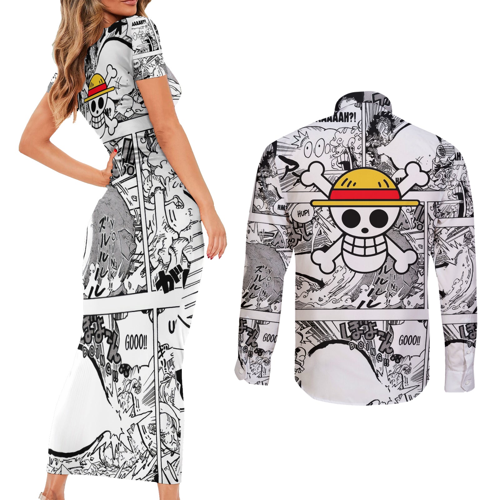 Luffy Gear 5 Awakening - One Piece Couples Matching Short Sleeve Bodycon Dress and Long Sleeve Button Shirt Anime Mix Manga Style