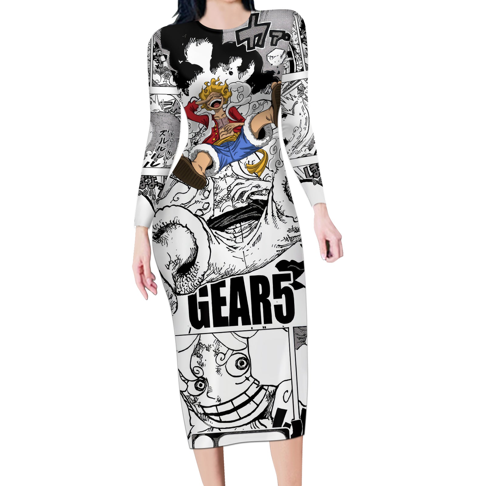 Luffy Gear 5 Awakening - One Piece Long Sleeve Bodycon Dress Anime Mix Manga Style