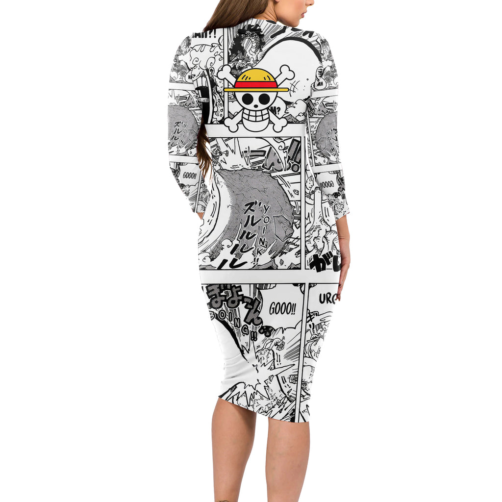 Luffy Gear 5 Awakening - One Piece Long Sleeve Bodycon Dress Anime Mix Manga Style
