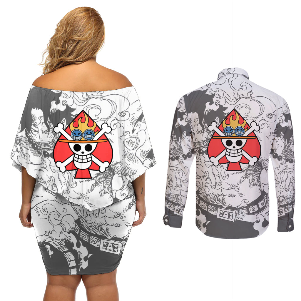 Portgas D.Ace - One Piece Couples Matching Off Shoulder Short Dress and Long Sleeve Button Shirt Anime Mix Manga Style