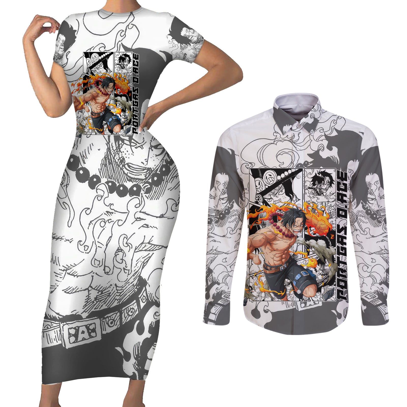Portgas D.Ace - One Piece Couples Matching Short Sleeve Bodycon Dress and Long Sleeve Button Shirt Anime Mix Manga Style