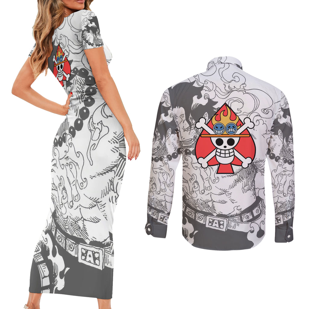 Portgas D.Ace - One Piece Couples Matching Short Sleeve Bodycon Dress and Long Sleeve Button Shirt Anime Mix Manga Style