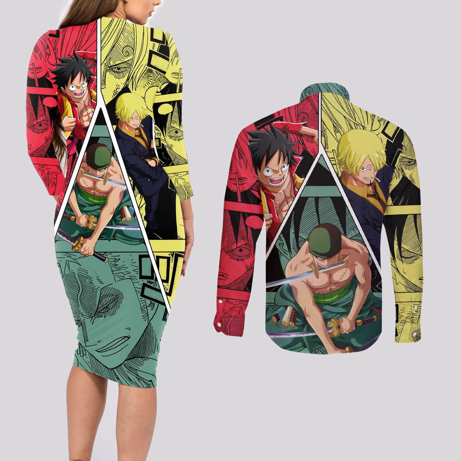 Luffy X Sanji X Zoro - One Piece Couples Matching Long Sleeve Bodycon Dress and Long Sleeve Button Shirt Anime Style