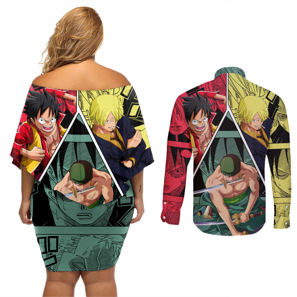 Luffy X Sanji X Zoro - One Piece Couples Matching Off Shoulder Short Dress and Long Sleeve Button Shirt Anime Style