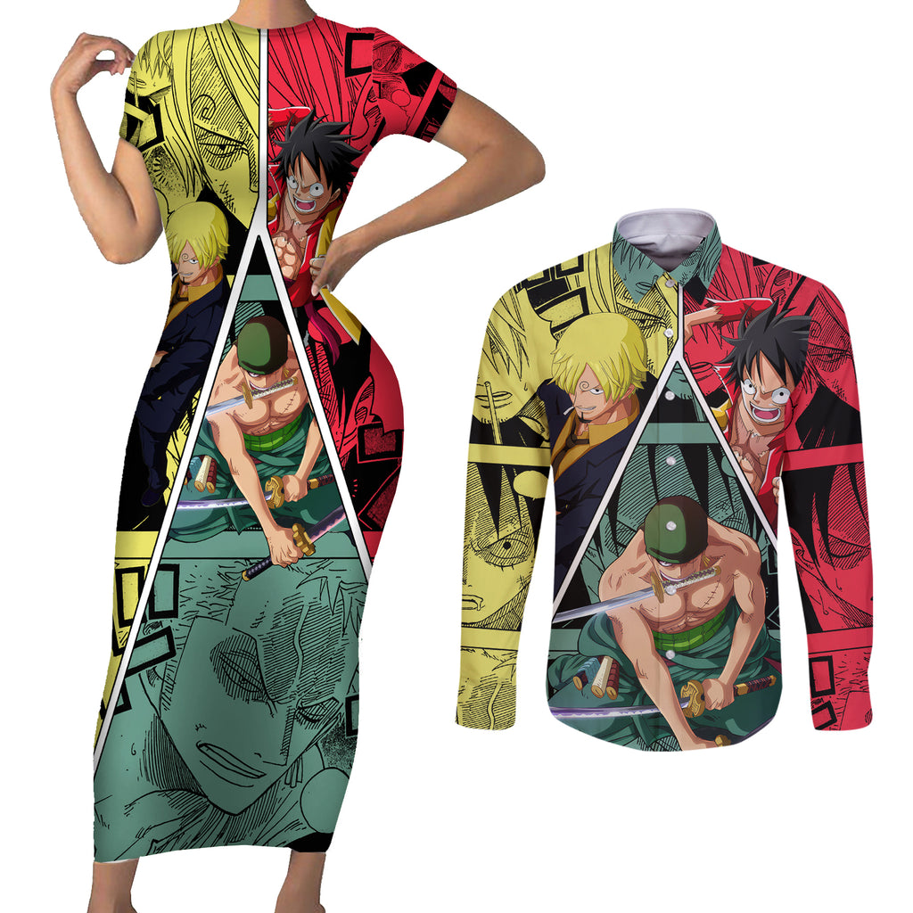 Luffy X Sanji X Zoro - One Piece Couples Matching Short Sleeve Bodycon Dress and Long Sleeve Button Shirt Anime Style