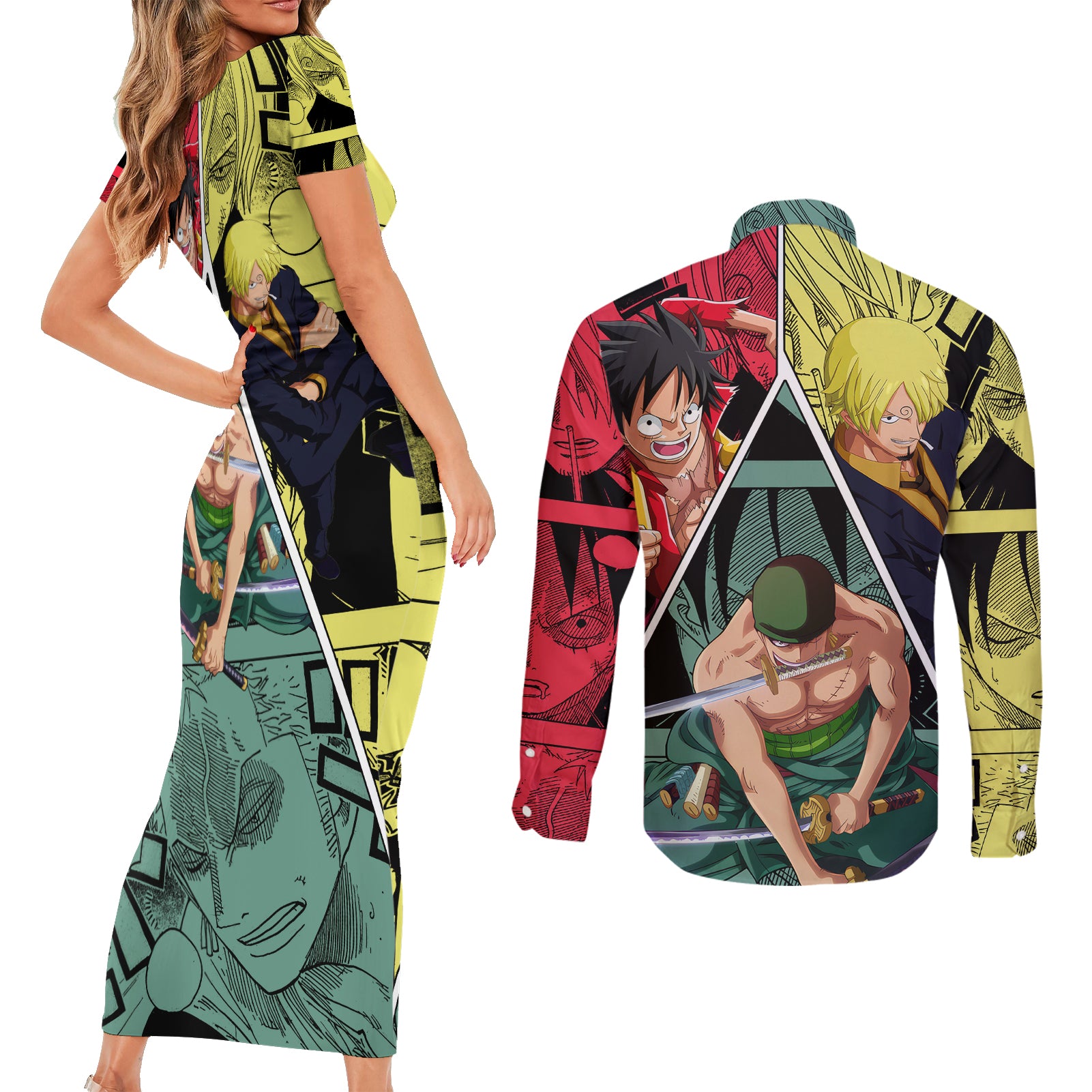 Luffy X Sanji X Zoro - One Piece Couples Matching Short Sleeve Bodycon Dress and Long Sleeve Button Shirt Anime Style