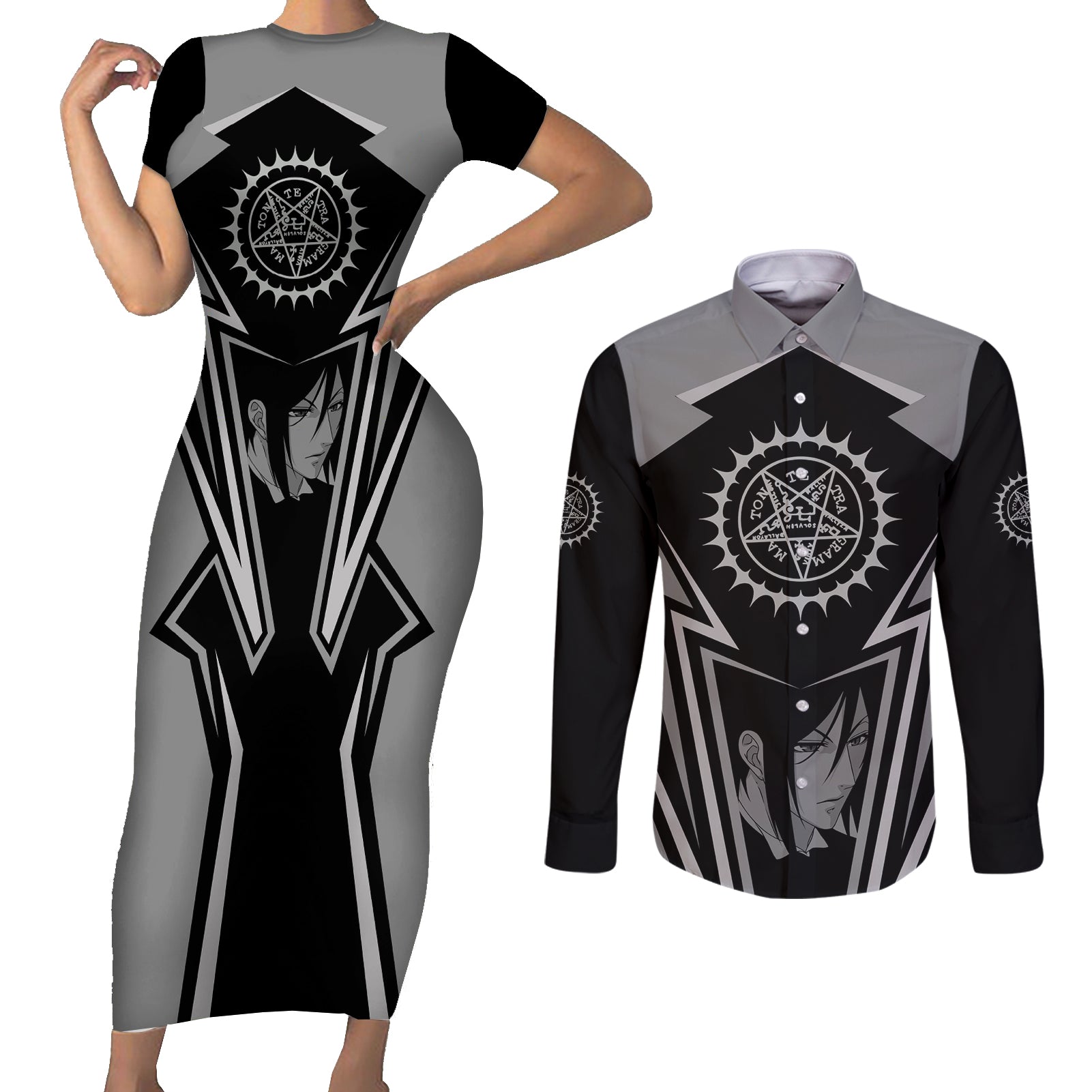 Black Butler Kuroshitsuji Couples Matching Short Sleeve Bodycon Dress and Long Sleeve Button Shirt Anime Style