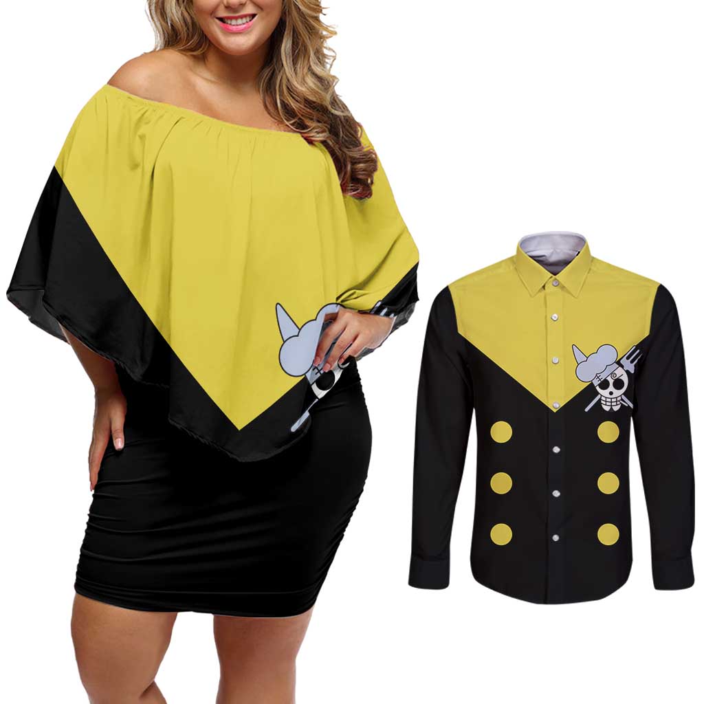 Vinsmoke - Sanji - One Piece Couples Matching Off Shoulder Short Dress and Long Sleeve Button Shirt Anime Uniform Style