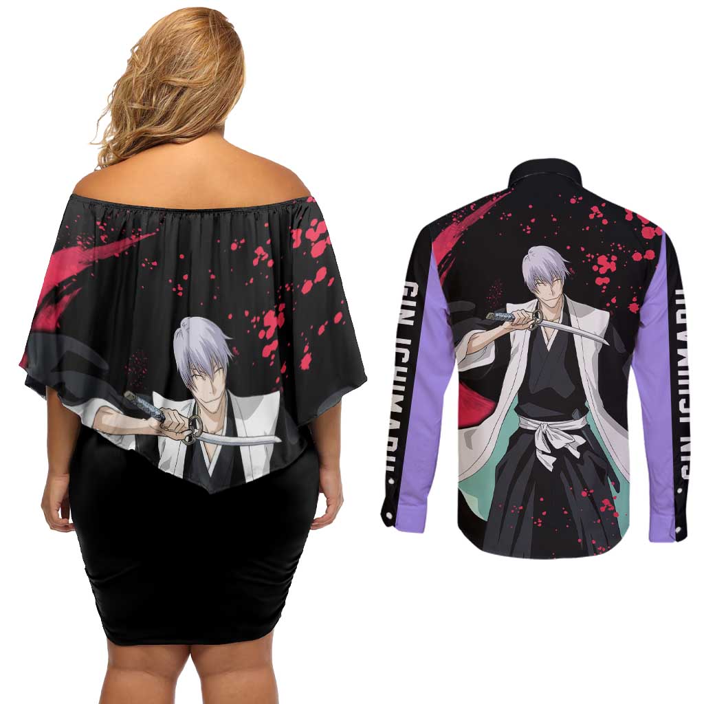 Gin Ichimaru - Bleach Couples Matching Off Shoulder Short Dress and Long Sleeve Button Shirt Anime Style