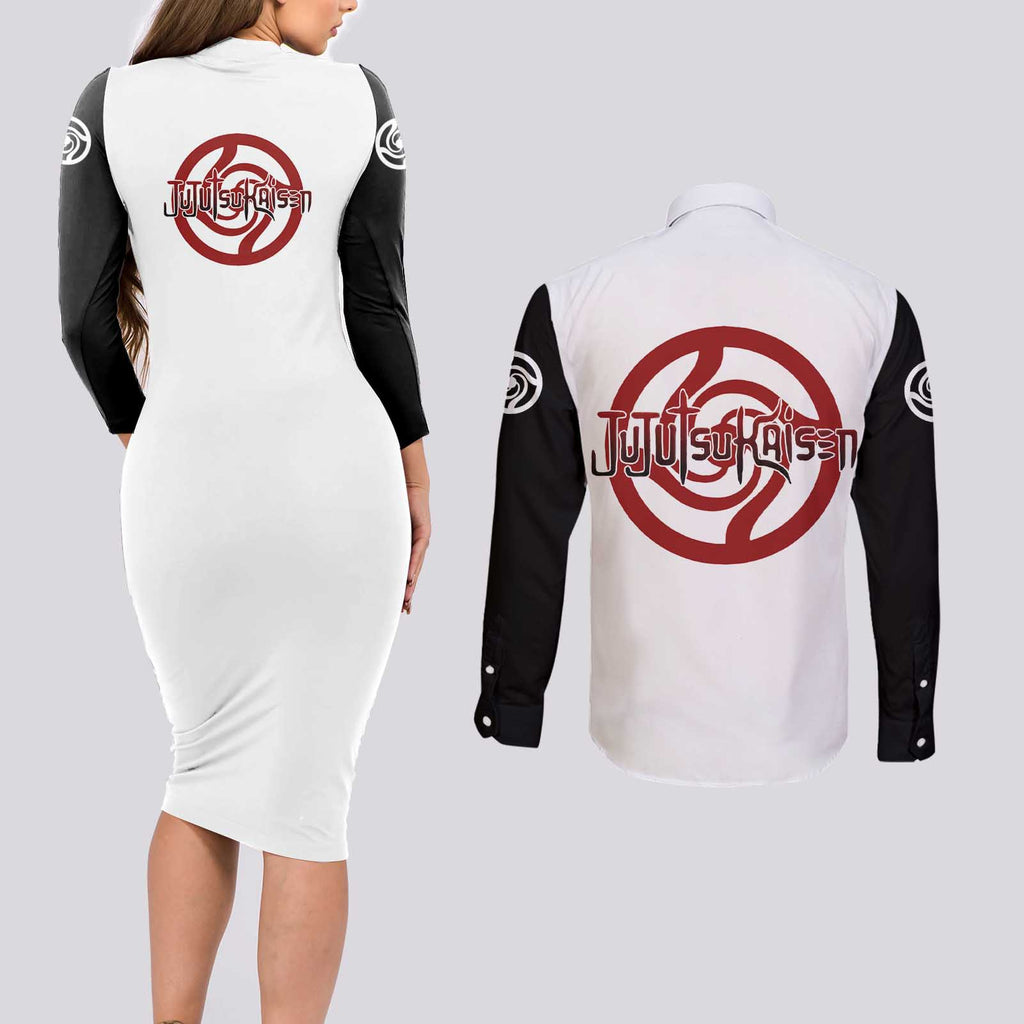 Panda - Jujutsu Kaisen Couples Matching Long Sleeve Bodycon Dress and Long Sleeve Button Shirt Anime Mix Manga Style