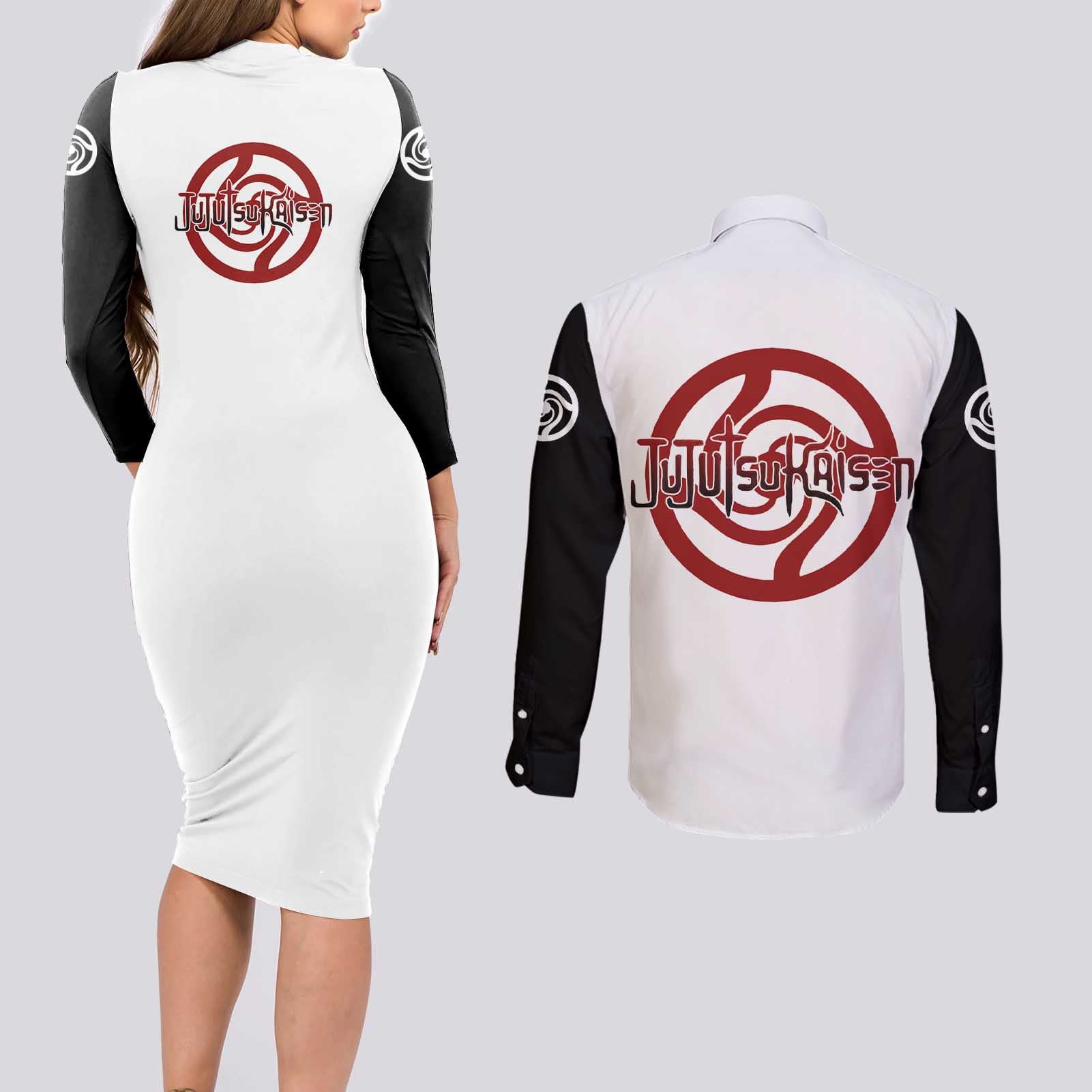 Panda - Jujutsu Kaisen Couples Matching Long Sleeve Bodycon Dress and Long Sleeve Button Shirt Anime Mix Manga Style