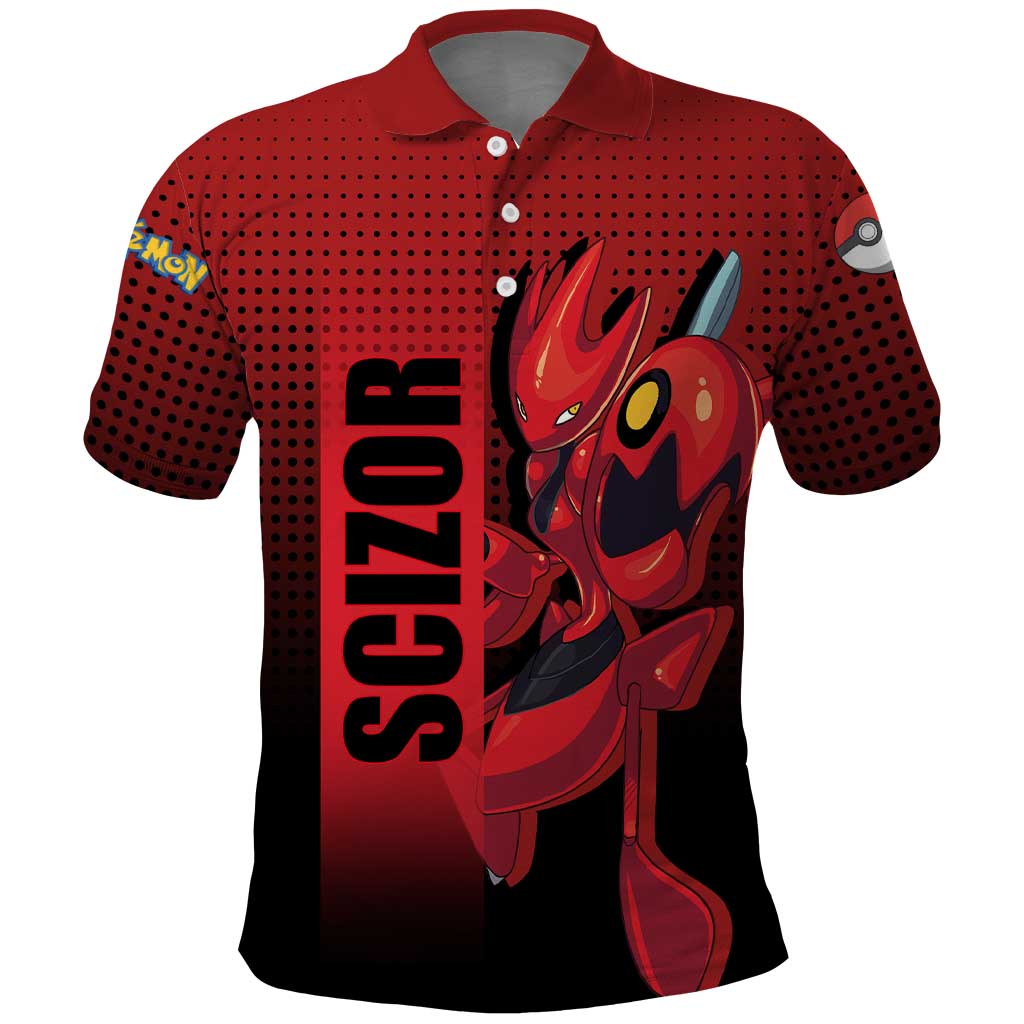 Scizor from Poké Polo Shirt with Bug Type Ability and Battle Ready Pose Design - The Mazicc