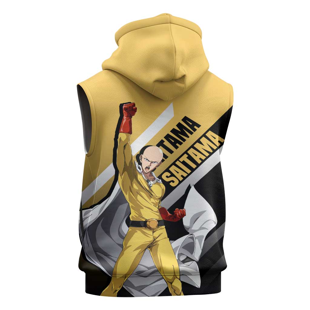 Saitama One Punch Man Sleeveless Zip Hoodie with Bold Expression and Simple Powerful Design - The Mazicc
