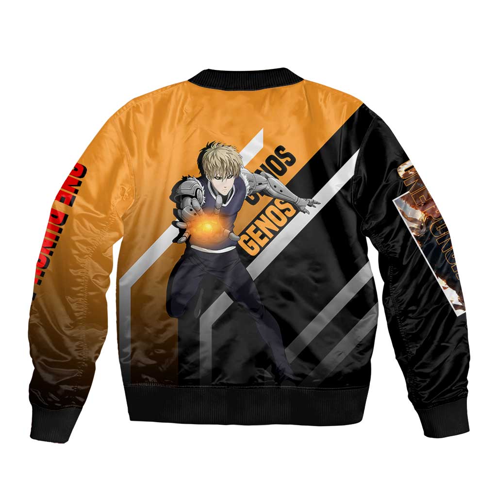 Genos One Punch Man Bomber Jacket with Cyborg Arms and Dynamic Battle Pose Design - The Mazicc