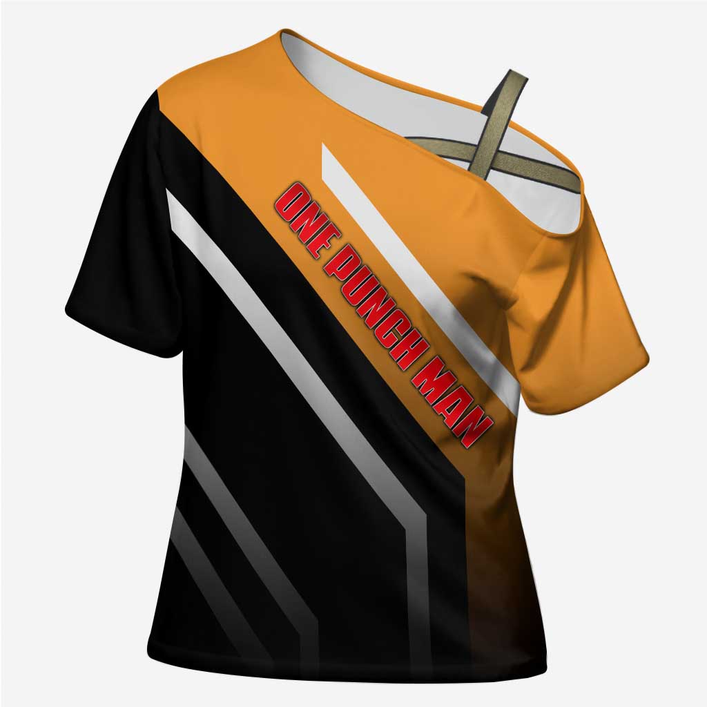 Genos One Punch Man Cross Shoulder Shirt with Cyborg Arms and Dynamic Battle Pose Design - The Mazicc