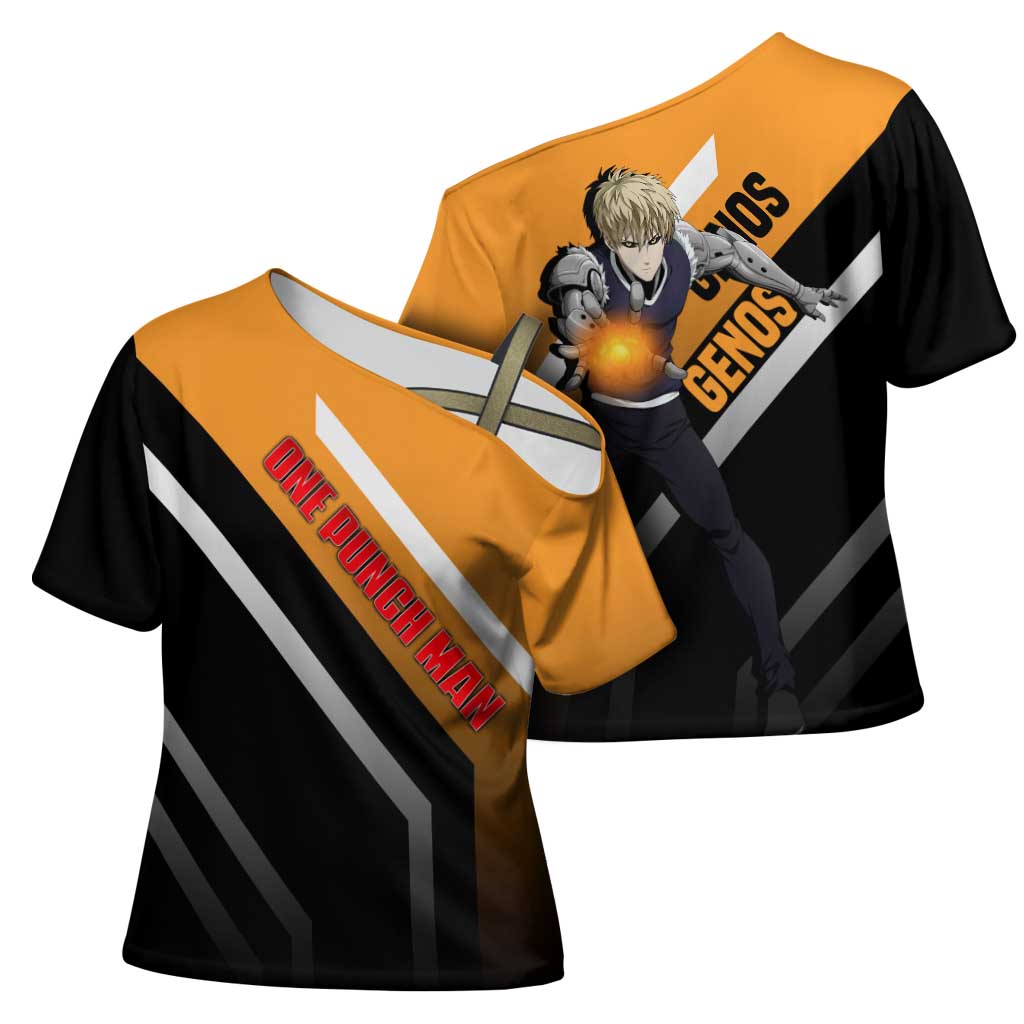 Genos One Punch Man Cross Shoulder Shirt with Cyborg Arms and Dynamic Battle Pose Design - The Mazicc