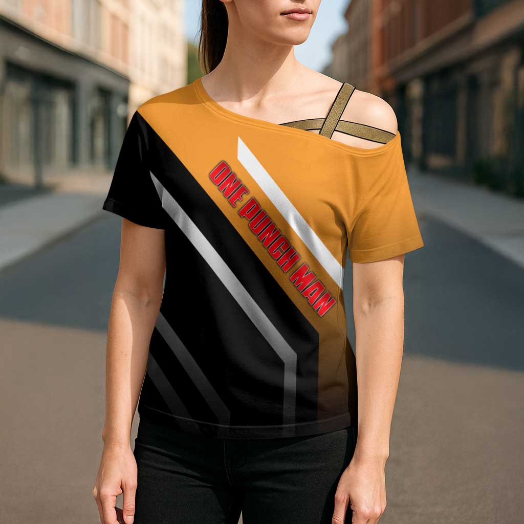 Genos One Punch Man Cross Shoulder Shirt with Cyborg Arms and Dynamic Battle Pose Design - The Mazicc