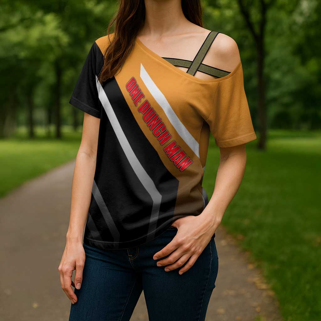 Genos One Punch Man Cross Shoulder Shirt with Cyborg Arms and Dynamic Battle Pose Design - The Mazicc
