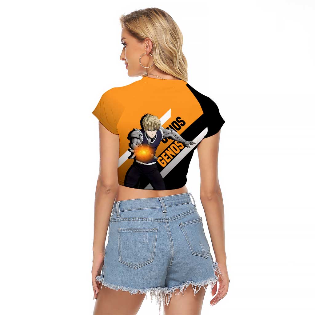 Genos One Punch Man Raglan Cropped T Shirt with Cyborg Arms and Dynamic Battle Pose Design - The Mazicc