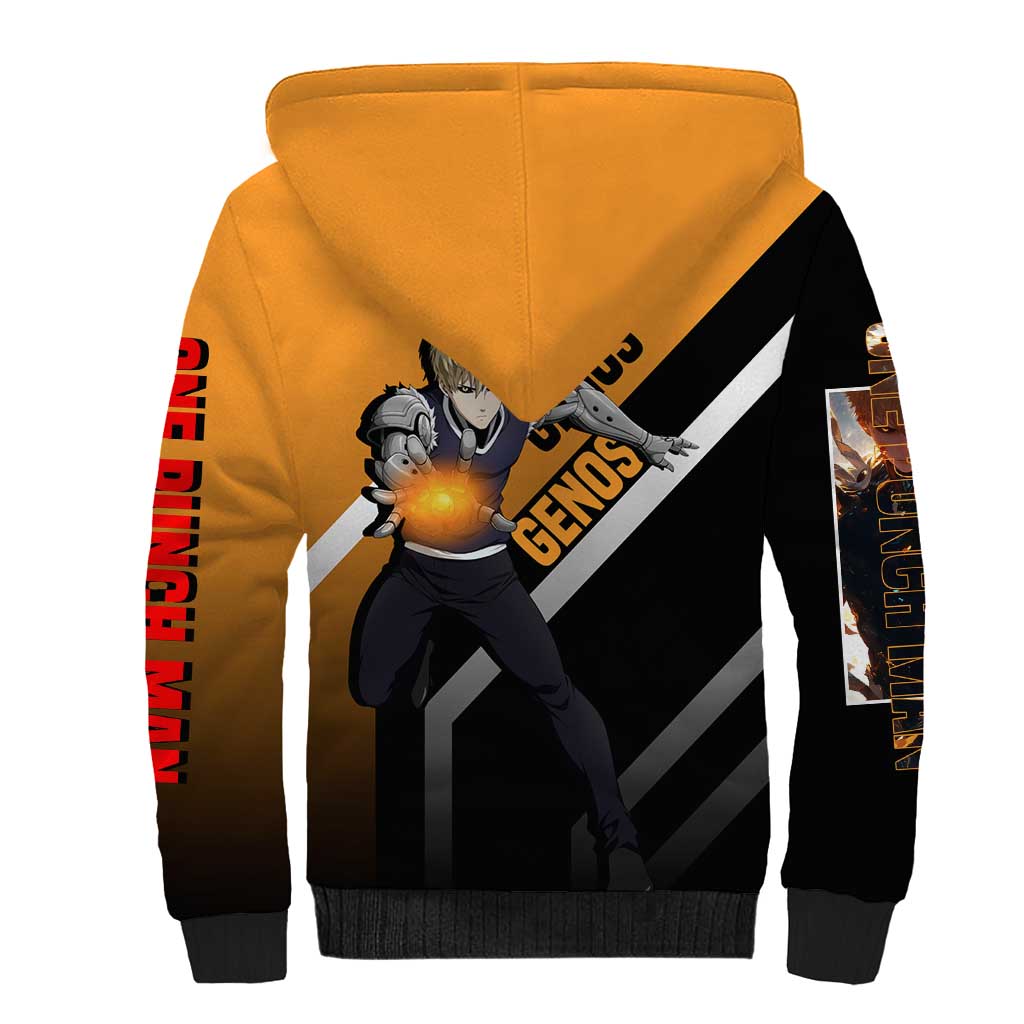 Genos One Punch Man Sherpa Hoodie with Cyborg Arms and Dynamic Battle Pose Design - The Mazicc