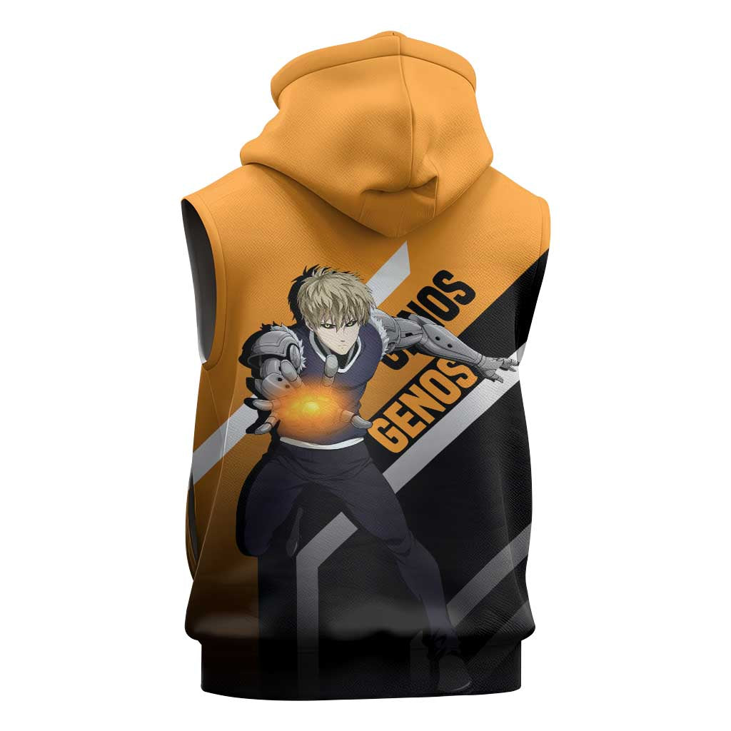Genos One Punch Man Sleeveless Hoodie with Cyborg Arms and Dynamic Battle Pose Design - The Mazicc