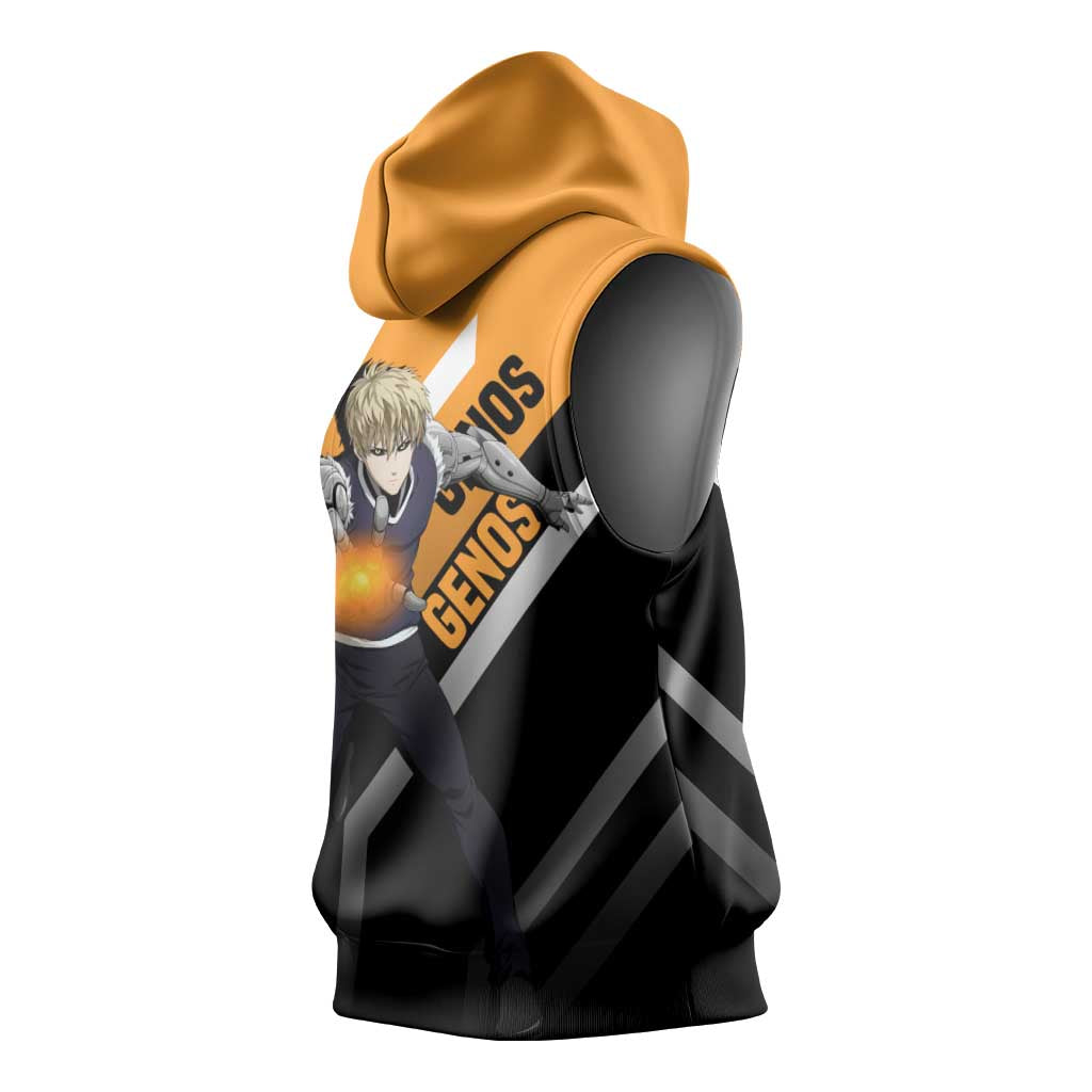 Genos One Punch Man Sleeveless Hoodie with Cyborg Arms and Dynamic Battle Pose Design - The Mazicc