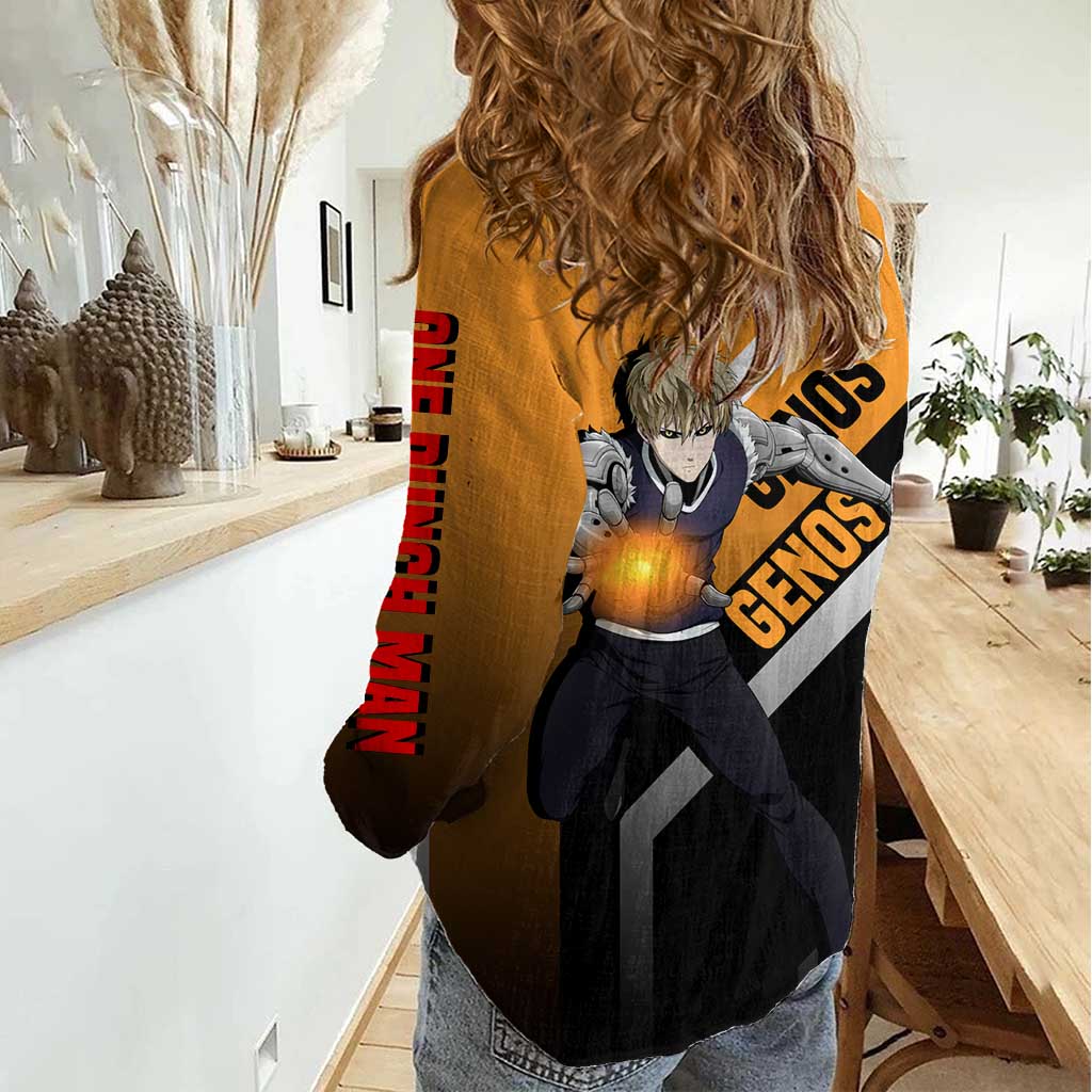 Genos One Punch Man Women Casual Shirt with Cyborg Arms and Dynamic Battle Pose Design - The Mazicc
