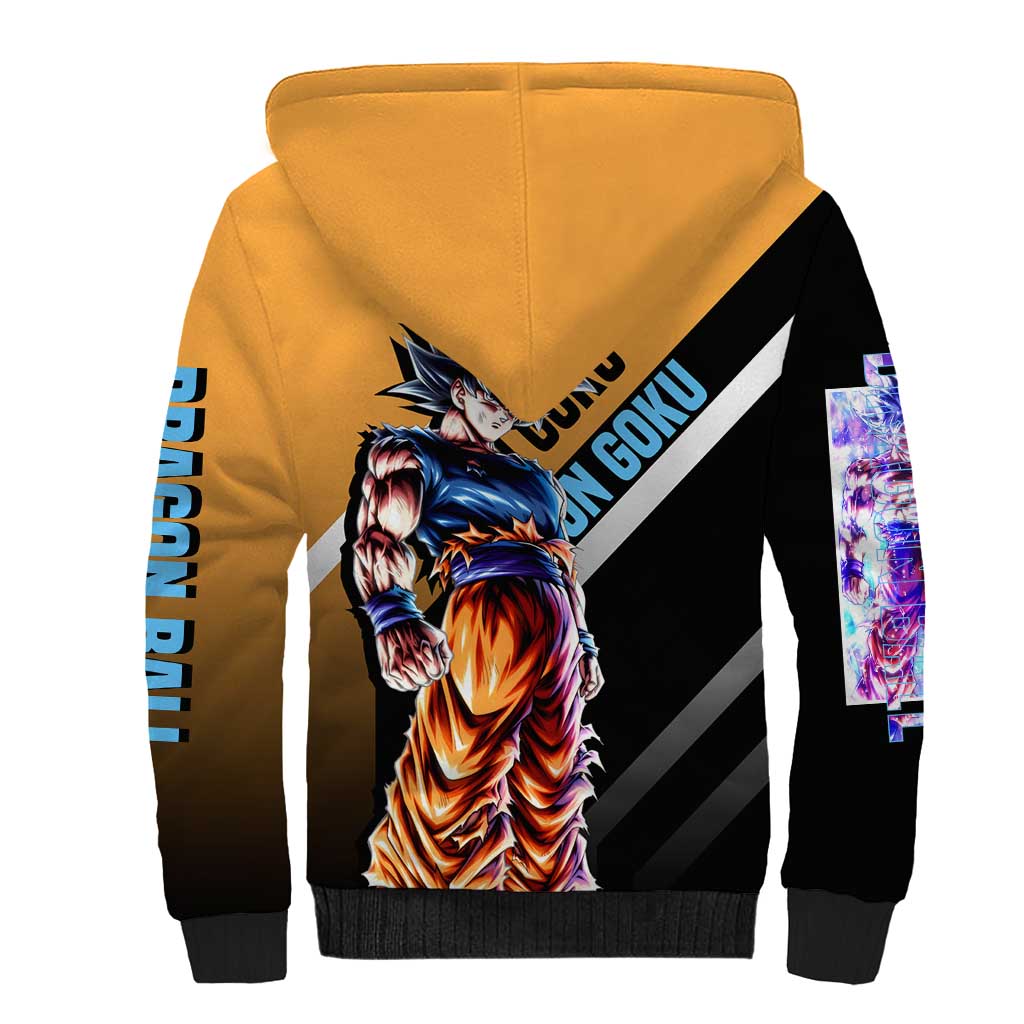Son Goku Dragon Ball Sherpa Hoodie with Orange Gi and Power-Up Pose Design - The Mazicc