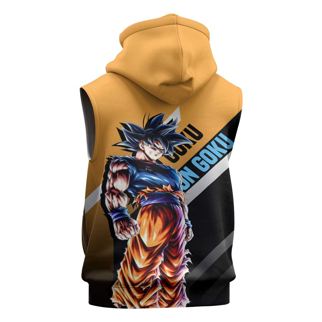 Son Goku Dragon Ball Sleeveless Hoodie with Orange Gi and Power-Up Pose Design - The Mazicc