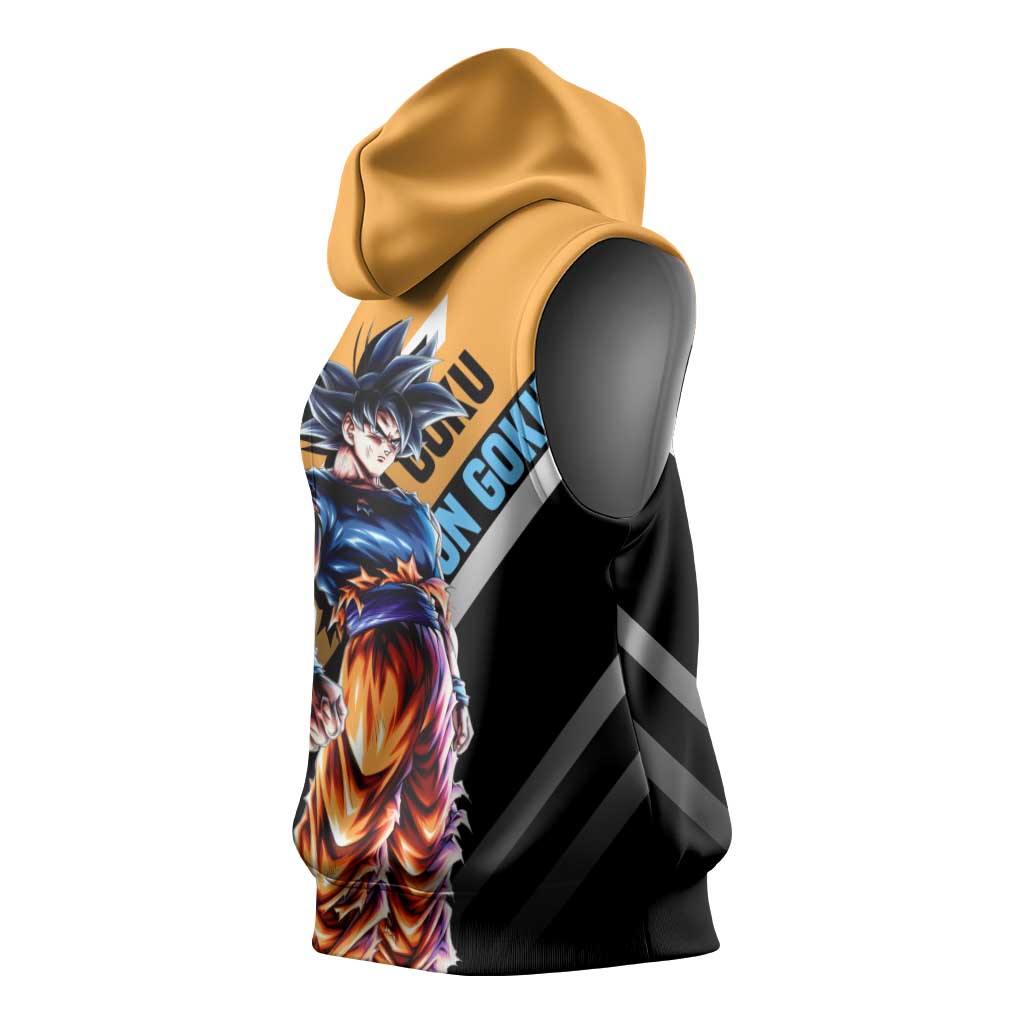 Son Goku Dragon Ball Sleeveless Hoodie with Orange Gi and Power-Up Pose Design - The Mazicc
