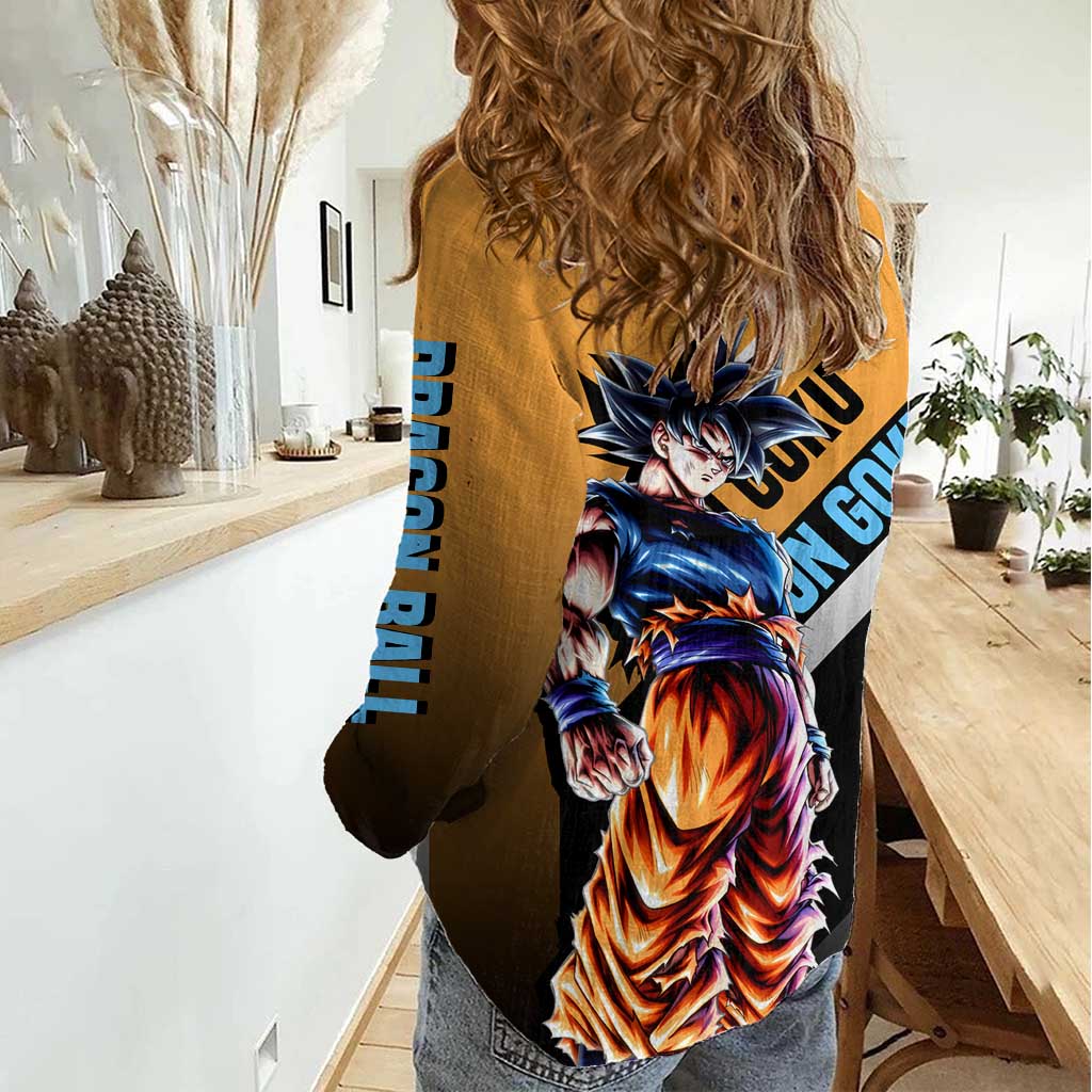 Son Goku Dragon Ball Women Casual Shirt with Orange Gi and Power-Up Pose Design - The Mazicc