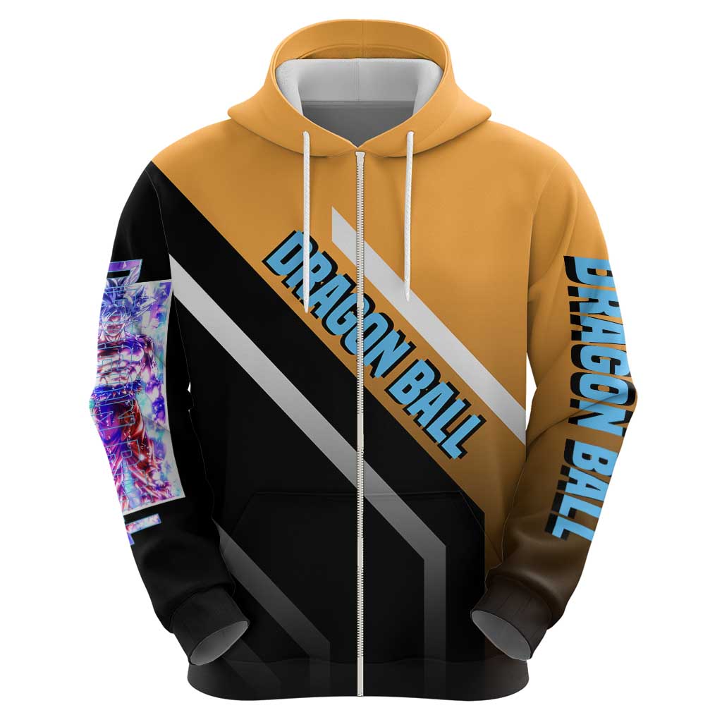 Son Goku Dragon Ball Zip Hoodie with Orange Gi and Power-Up Pose Design - The Mazicc