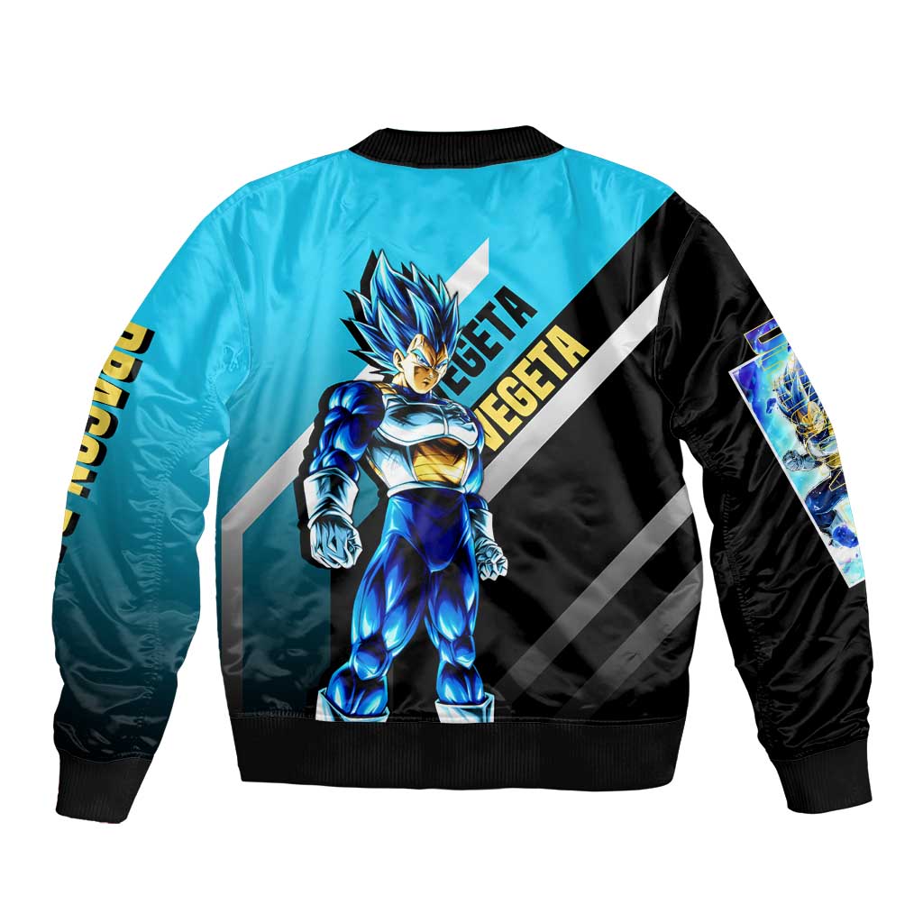 Vegeta Dragon Ball Bomber Jacket with Saiyan Armor and Fierce Battle Pose Design - The Mazicc