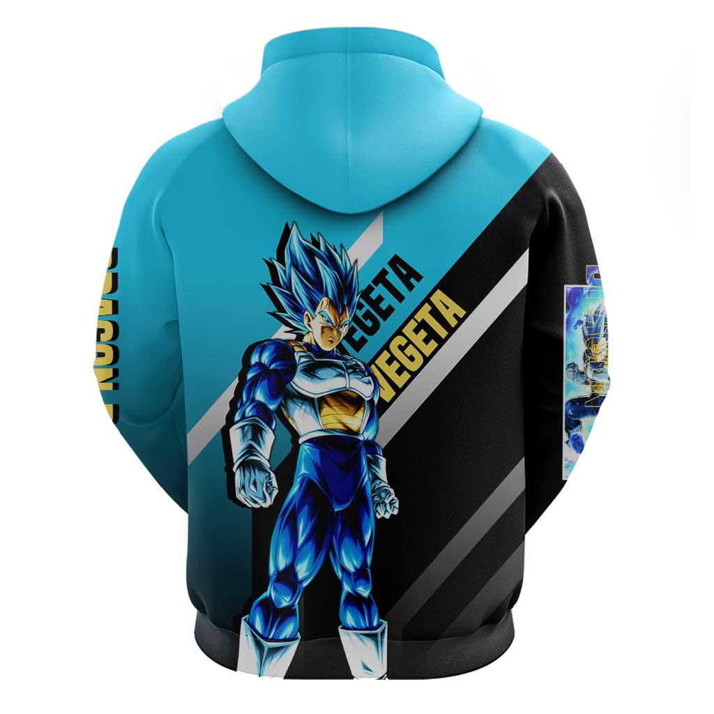 Vegeta Dragon Ball Hoodie with Saiyan Armor and Fierce Battle Pose Design - The Mazicc