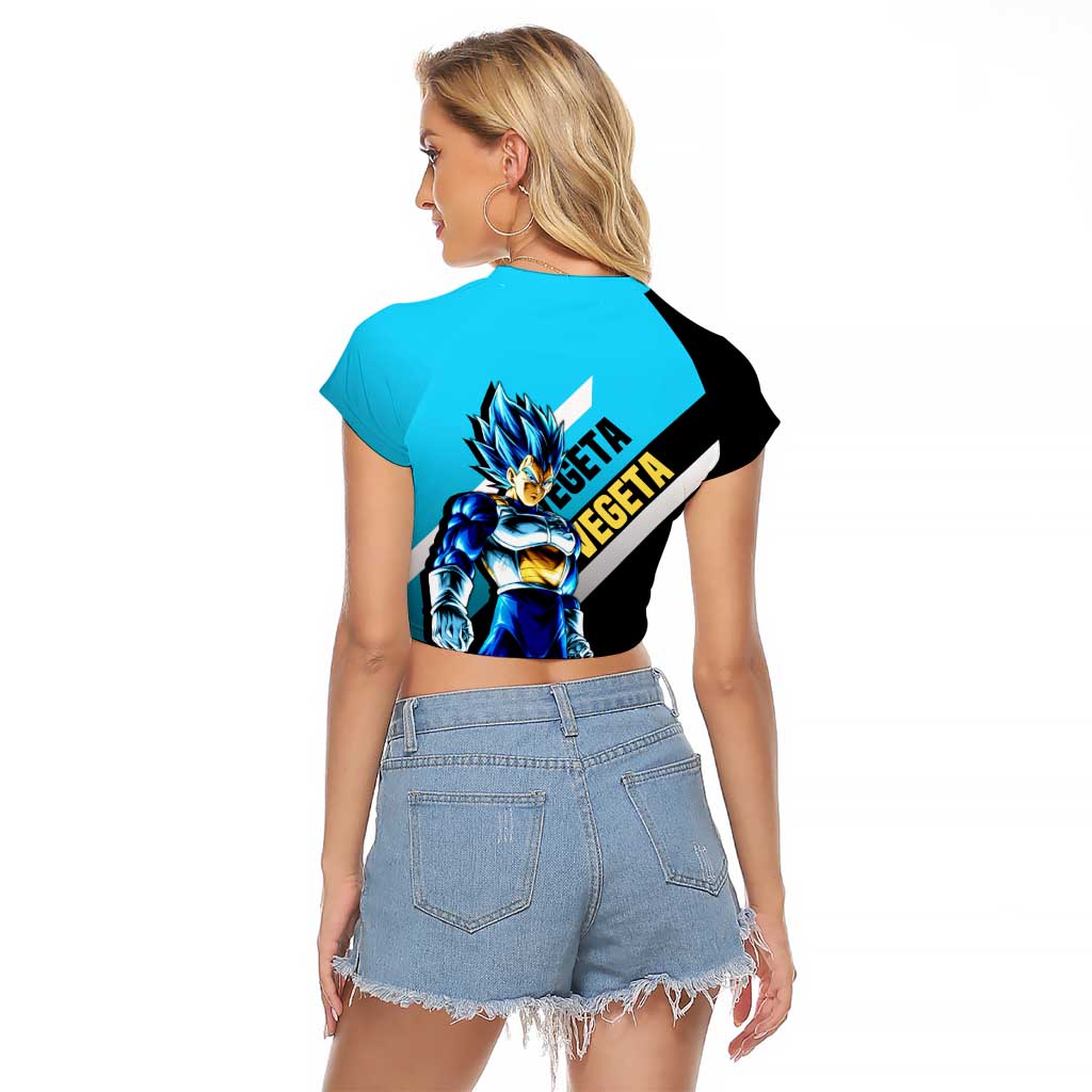 Vegeta Dragon Ball Raglan Cropped T Shirt with Saiyan Armor and Fierce Battle Pose Design - The Mazicc