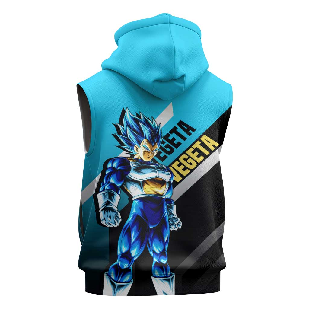 Vegeta Dragon Ball Sleeveless Hoodie with Saiyan Armor and Fierce Battle Pose Design - The Mazicc