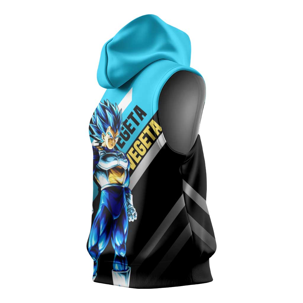 Vegeta Dragon Ball Sleeveless Hoodie with Saiyan Armor and Fierce Battle Pose Design - The Mazicc