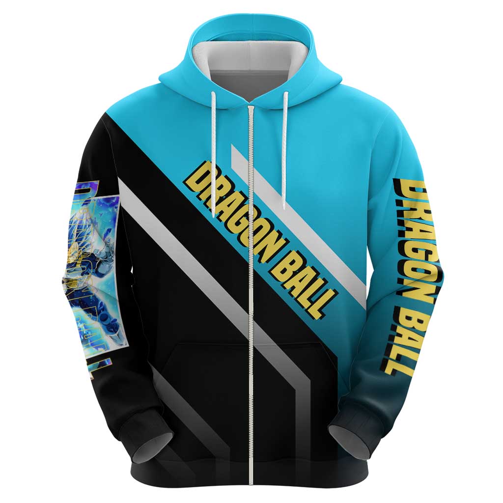 Vegeta Dragon Ball Zip Hoodie with Saiyan Armor and Fierce Battle Pose Design - The Mazicc