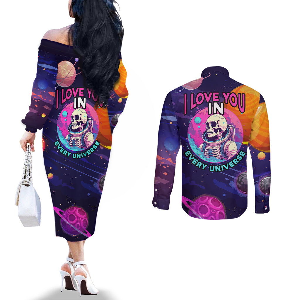 skull-couples-matching-off-the-shoulder-long-sleeve-dress-and-long-sleeve-button-shirts-i-love-you-in-every-universe-cosmic-abstract-art