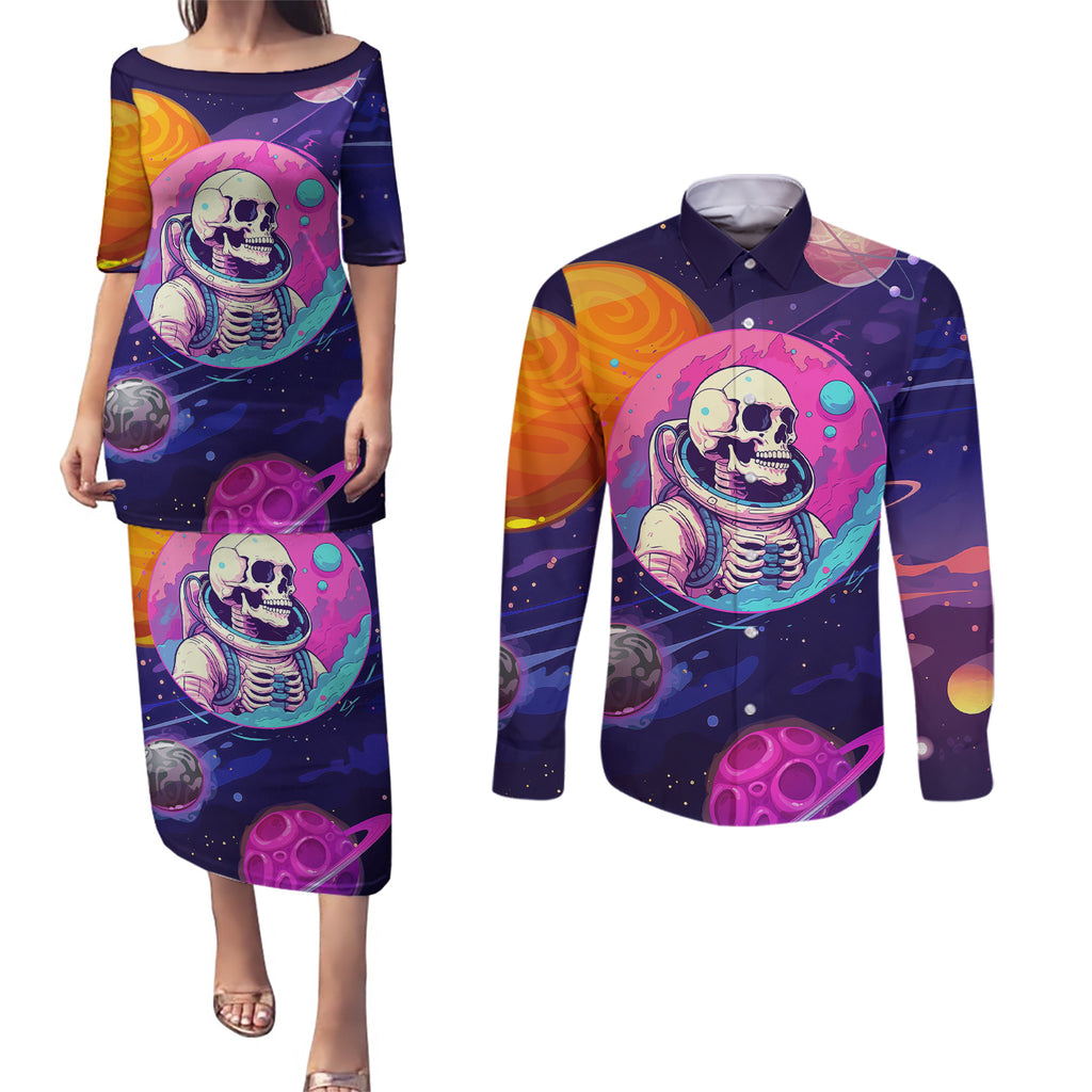 skull-couples-matching-puletasi-dress-and-long-sleeve-button-shirts-i-love-you-in-every-universe-cosmic-abstract-art