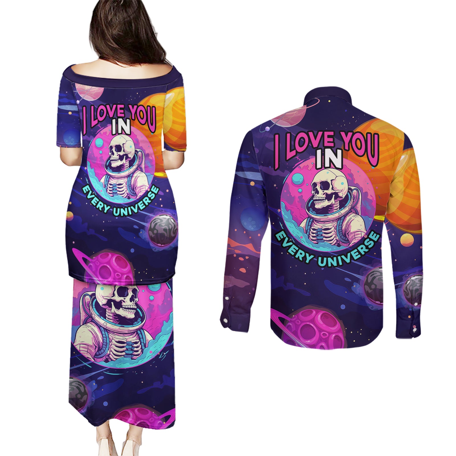skull-couples-matching-puletasi-dress-and-long-sleeve-button-shirts-i-love-you-in-every-universe-cosmic-abstract-art